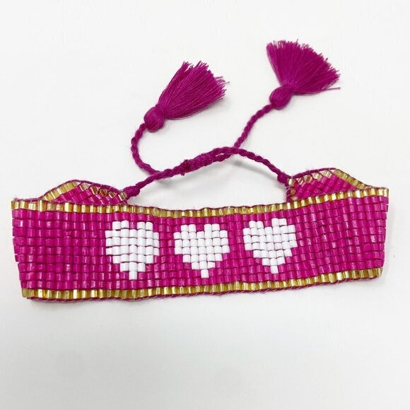 Hot Pink Seed Bead Adjustable Cinch Hearts Bracelet - Picture 1 of 7